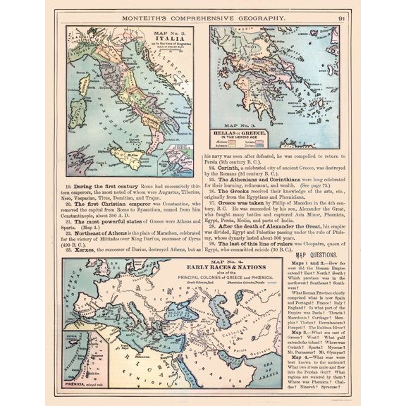 Historic Map - Italy Greece - Monteith 1882 - 23 x 29.53 - Vintage Wall Art