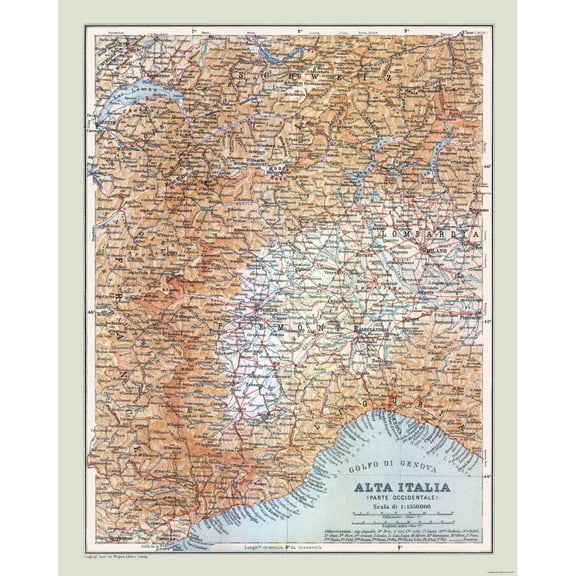 Historic Map - Italy Northwestern - Bertarelli 1914 - 23 x 28.84 - Vintage Wall Art
