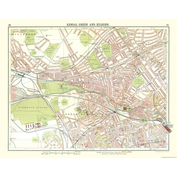 Historic Map - Kensal Green Kilburn London - Bartholomew 1921 - 29.17 x 23 - Vintage Wall Art