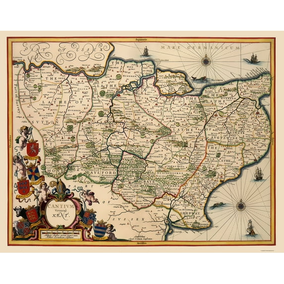 Historic Map - Kent County England - Blaeu 1646 - Vintage Wall Art