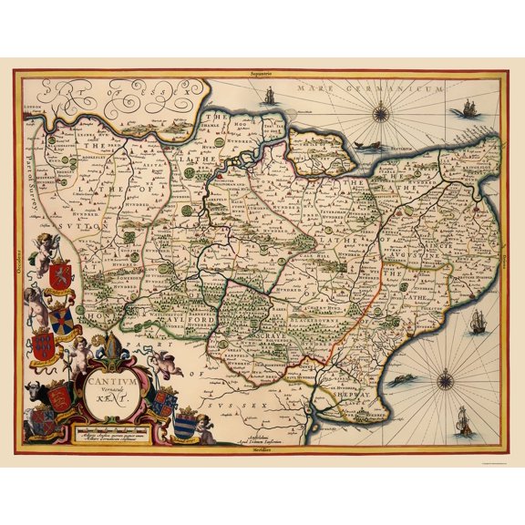 Historic Map - Kent County England - Blaeu 1646 - 23 x 29.39 - Vintage Wall Art