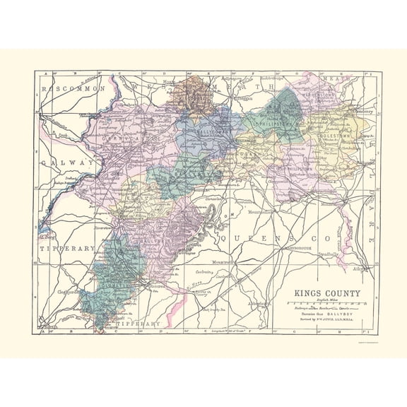 Historic Map - Kings County Ireland - Bartholomew 1882 - 23 x 30.23 - Vintage Wall Art