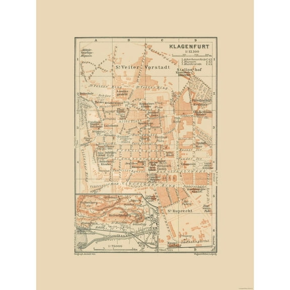 Historic Map - Klagenfurt Austria - Baedeker 1910 - 23 x 30.64 - Vintage Wall Art