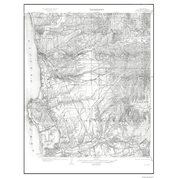 Topographical Map - La Jolla California Quad - USGS 1903 - Vintage Wall Art