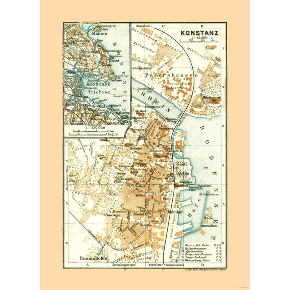 Historic Map - Konstanz Germany - Baedeker 1921 - 23 x 31.80 - Vintage Wall Art