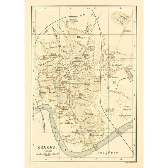 Historic Map - Krakow Poland - Baedeker 1896 - 23 x 32.48 - Vintage Wall Art