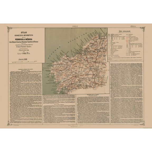 Historic Map - La Coruna Province Spain - Valverde 1880 - 33.23 x 23 - Vintage Wall Art