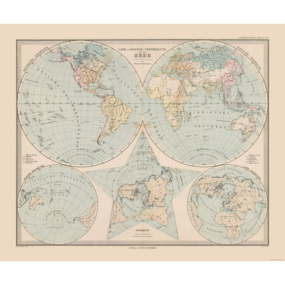Historic Map - Land Water Distribution Earth - Stieler 1885 - 27.55 x 23 - Vintage Wall Art