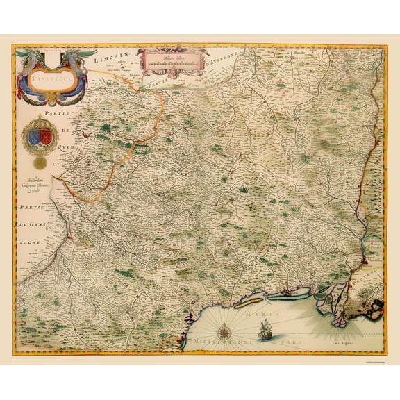 Historic Map - Languedoc Region France - Blaeu 1631 - Vintage Wall Art
