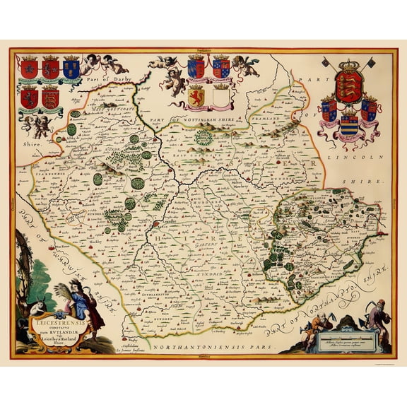 Historic Map - Leicestershire County England - Blaeu 1646 - Vintage Wall Art