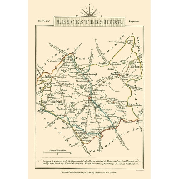 Historic Map - Leicestershire County England - Cary 1792 - Vintage Wall Art