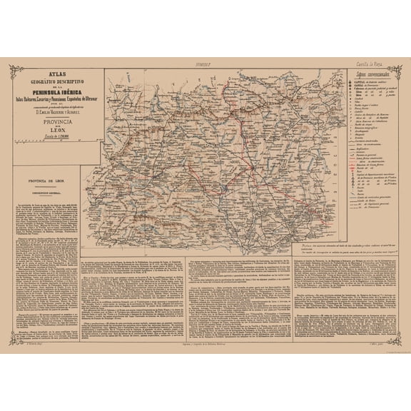 Historic Map - Leon Spain - Valverde 1880 - 31.84 x 23 - Vintage Wall Art