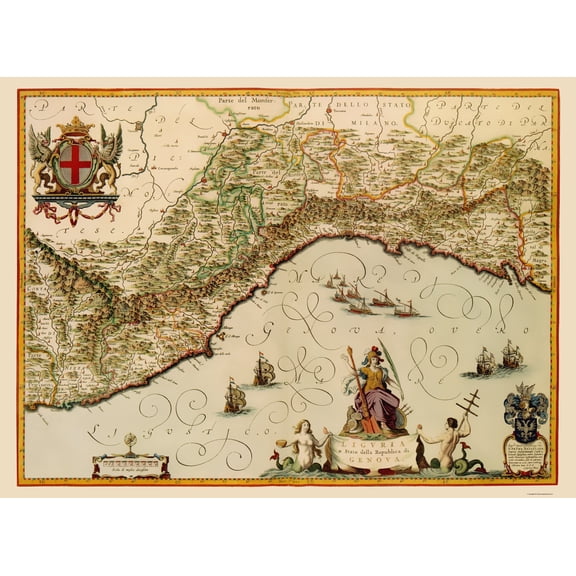 Historic Map - Liguria Region Italy - Blaeu 1640 - 23 x 31.46 - Vintage Wall Art