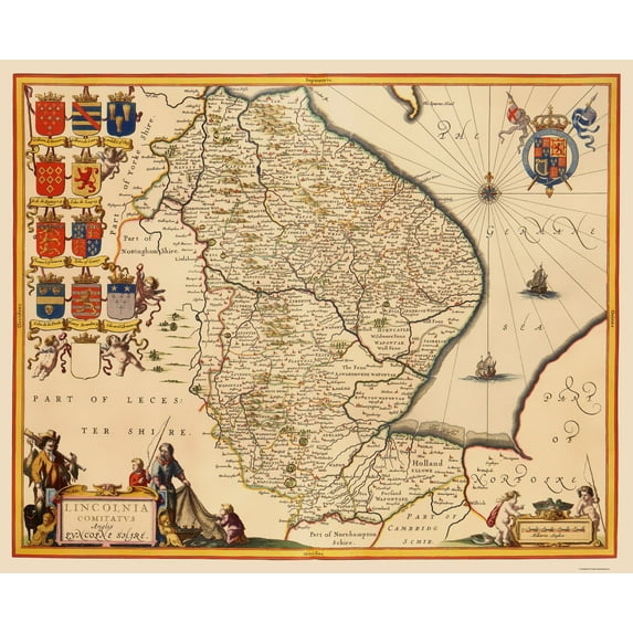 Historic Map - Lincolnshire County England - Jansson 1646 - Vintage Wall Art