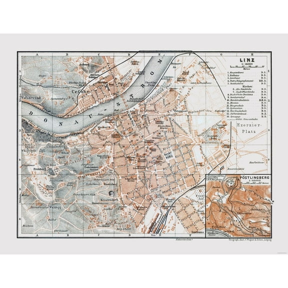 Historic Map - Linz Austria - Baedeker 1910 - 29.99 x 23 - Vintage Wall Art