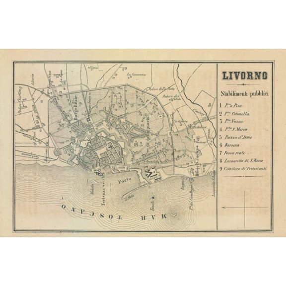 Historic Map - Livorno Italy - Castro 1870 - 34.91 x 23 - Vintage Wall Art