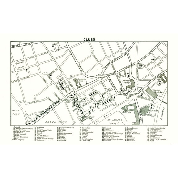 Historic Map - London Clubs London - Bartholomew 1921 - 36.73 x 23 - Vintage Wall Art