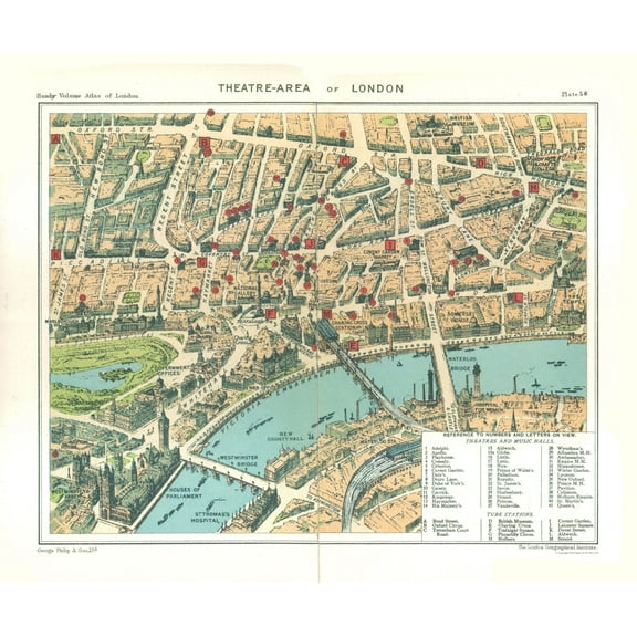 Historic Map - London England Theatre Area - Philip 1904 - 28.63 x 23 - Vintage Wall Art