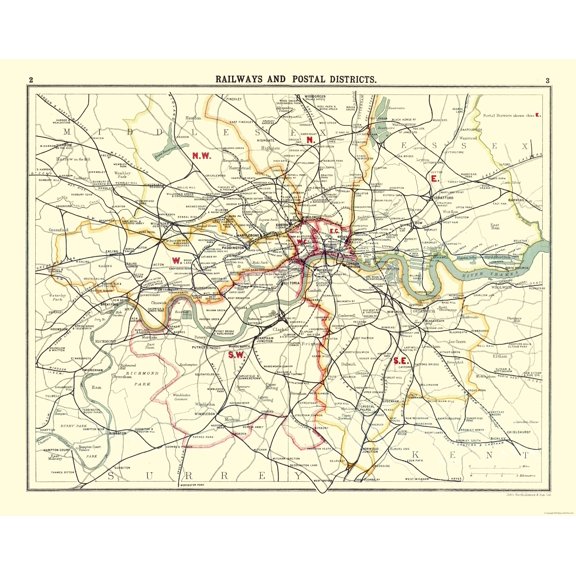 Historic Map - London Railways Postal Districts - Bartholomew 1921
