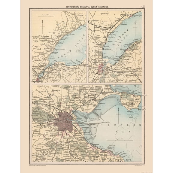 Historic Map - Londonderry Belfast Dublin Ireland - Bartholomew 1892