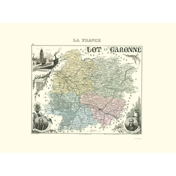 Historic Map - Lot et Garonne Department France - Migeon 1869 - Vintage Wall Art