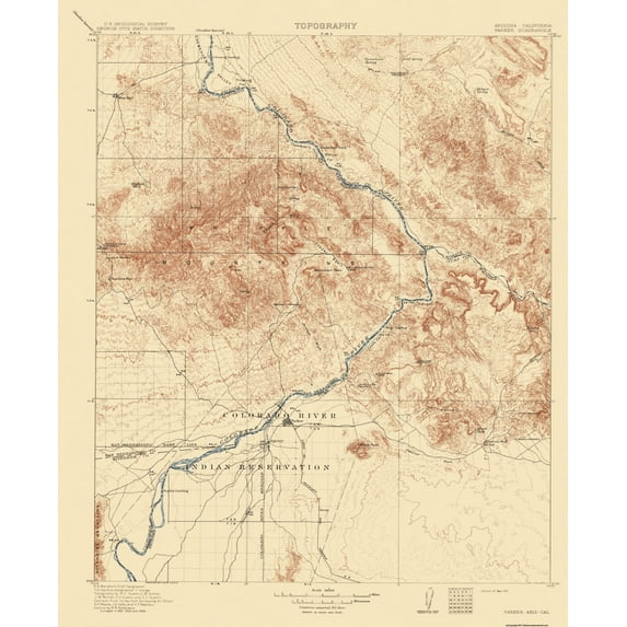 Topographical Map - Parker Arizona California Quad - USGS 1911 - Vintage Wall Art