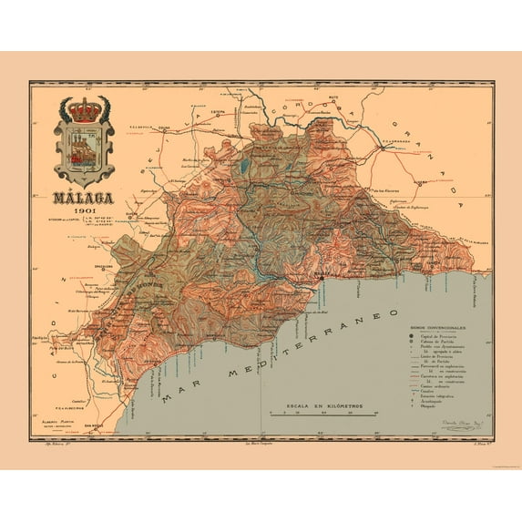 Historic Map - Malaga Spain - Martine 1904 - 28.61 x 23 - Vintage Wall Art