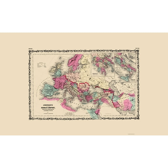 Historic Map - Mediterranean Roman Empire - Johnson 1860 - Vintage Wall Art