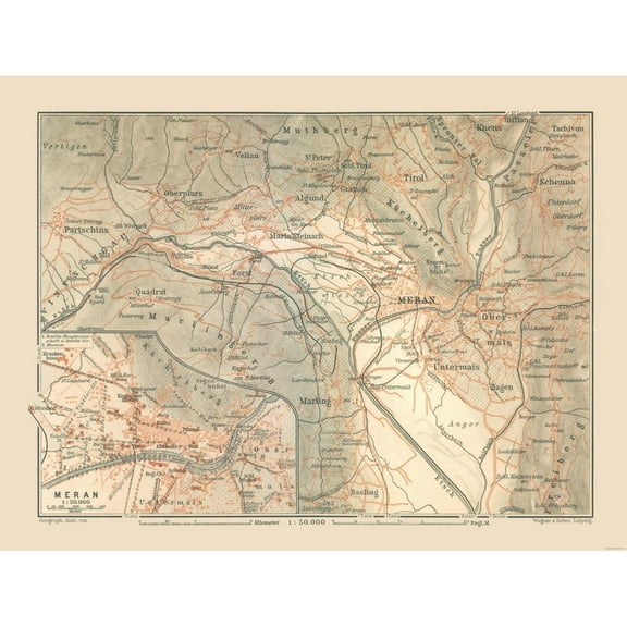 Historic Map - Meran Region Italy - Baedeker 1910 - 30.36 x 23 - Vintage Wall Art