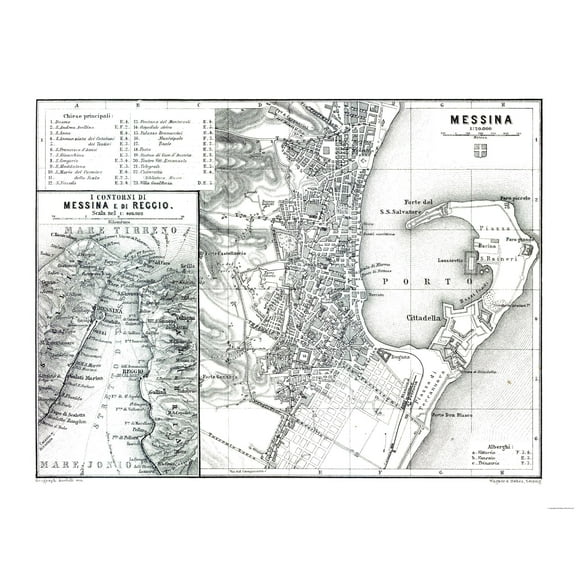 Historic Map - Messina Reggio Italy - Baedeker 1880 - 29.67 x 23 - Vintage Wall Art