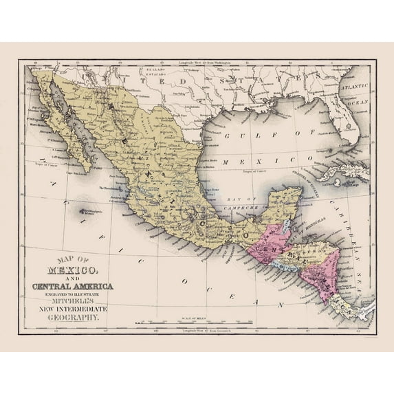 Historic Map - Mexico Central America - Mitchell 1877 - 29.17 x 23 - Vintage Wall Art