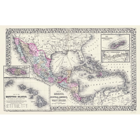 Historic Map - Mexico Central America West Indies - Mitchell 1860 - 23 x 36 - Vintage Wall Art