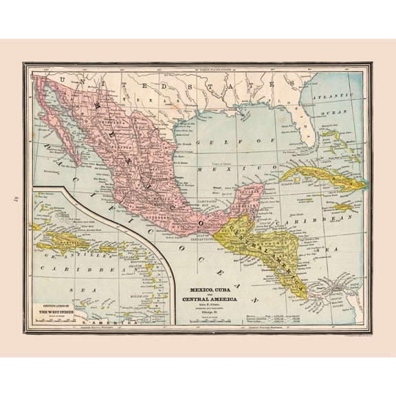 Historic Map - Mexico Cuba Central America - Cram 1888 - Vintage Wall Art