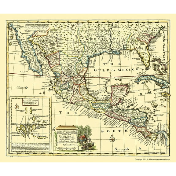 Historic Map - Mexico New Spain - Bowen 1747 - 23 x 27.21 - Vintage Wall Art