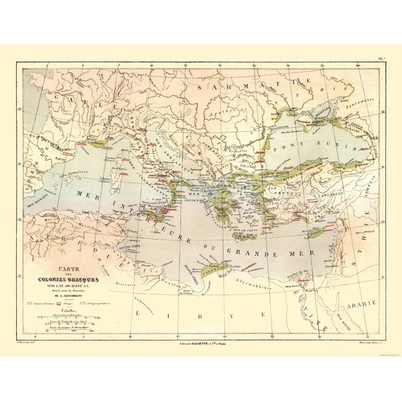 Historic Map - Middle East Greek Colonies 500 BC - Cortambert 1880