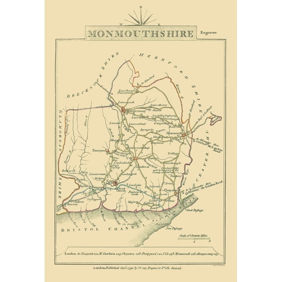 Historic Map - Monmouthshire County Wales Great Britain - Cary 1792