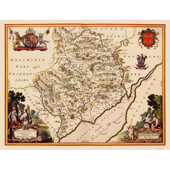 Historic Map - Monmouthshire Wales Great Britain - Blaeu 1645 - Vintage Wall Art