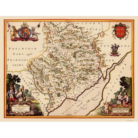Historic Map - Monmouthshire Wales Great Britain - Blaeu 1645 - 23 x 30.03 - Vintage Wall Art