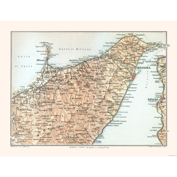 Historic Map - Monti Peloritani Sicily Italy - Baedeker 1880 - 30.00 x 23 - Vintage Wall Art