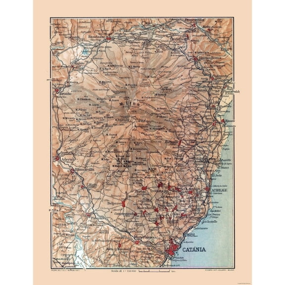 Historic Map - Mount Etna Sicily Italy - Baedeker 1880 - 23 x 29.94 - Vintage Wall Art