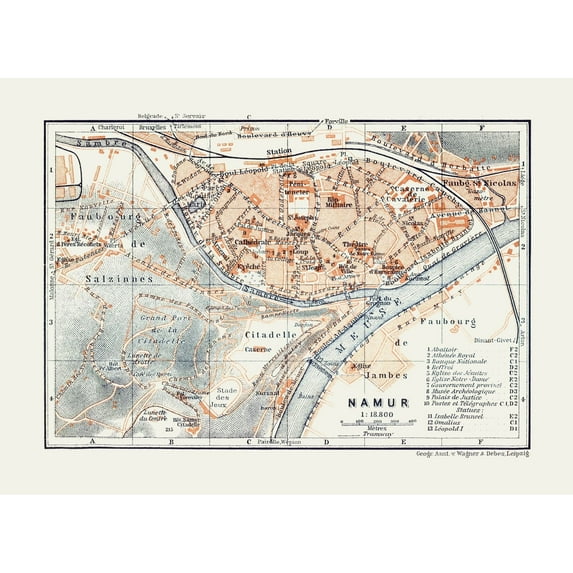 Historic Map - Namur Belgium - Baedeker 1910 - Vintage Wall Art