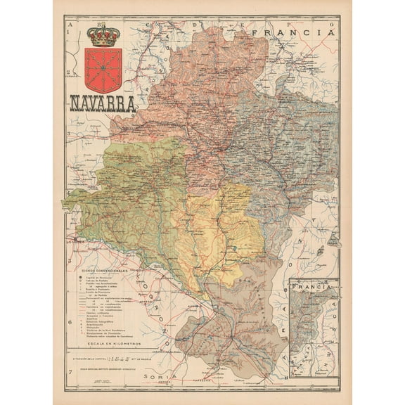 Historic Map - Navarre France Spain - Martin 1902 - 23 x 31.05 - Vintage Wall Art