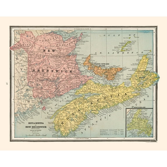 Historic Map - New Brunswick Nova Scotia Canada - Cram 1888 - 28.65 x 23 - Vintage Wall Art