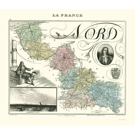 Historic Map - Nord Department France - Migeon 1869 - Vintage Wall Art