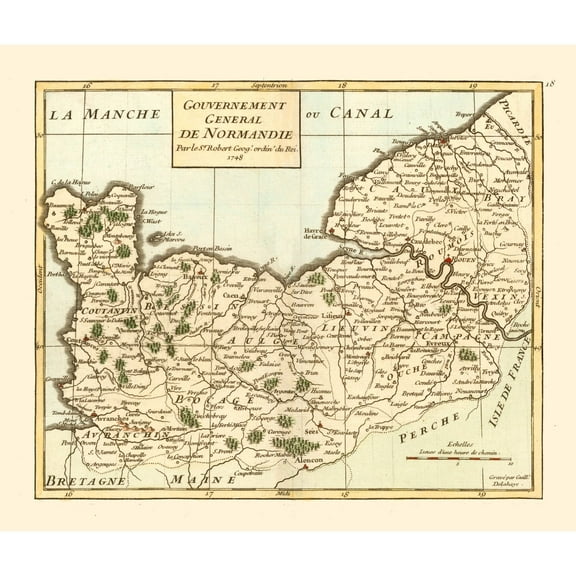 Historic Map - Normandie France - Robert 1748 - 27.23 x 23 - Vintage Wall Art