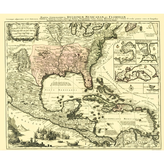 Historic Map - North America Region Mexico Florida United States - Vindel 1732