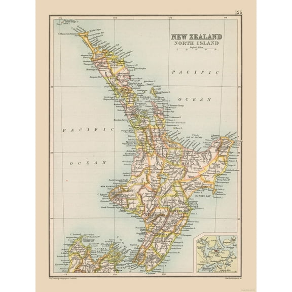Historic Map - North Island New Zealand - Bartholomew 1892 - 23 x 30.36 - Vintage Wall Art