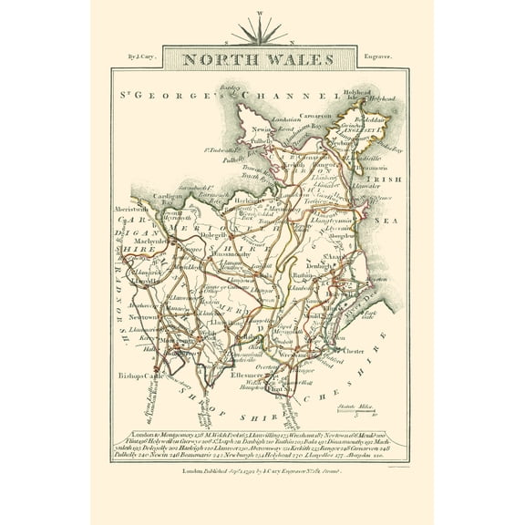 Historic Map - North Wales - Cary 1792 - 23 x 35.09 - Vintage Wall Art