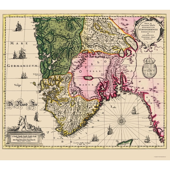 Historic Map - Norway Southern - Janssonius 1636 - 23 x 25.96 - Vintage Wall Art