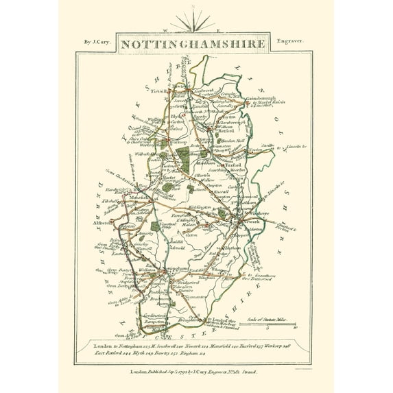 Historic Map - Nottinghamshire County England - Cary 1792 - Vintage Wall Art